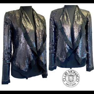 Club Monaco Womens XS Cora Silk Sequin Blazer Jacket Black Drape Front